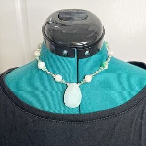 Milky Green Faceted Teardrop Large Pendant Beaded Choker Necklace